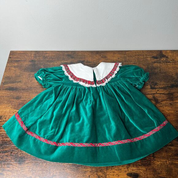 Vintage Baby Dress Nutcracker Green Velvet Christmas Size 12 Months Plaid Trim - Picture 6 of 9